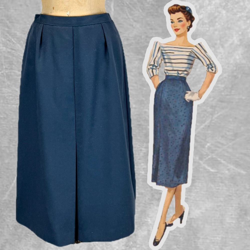 VINTAGE 80s pencil skirt straight column midi‎ navy blue classic career office